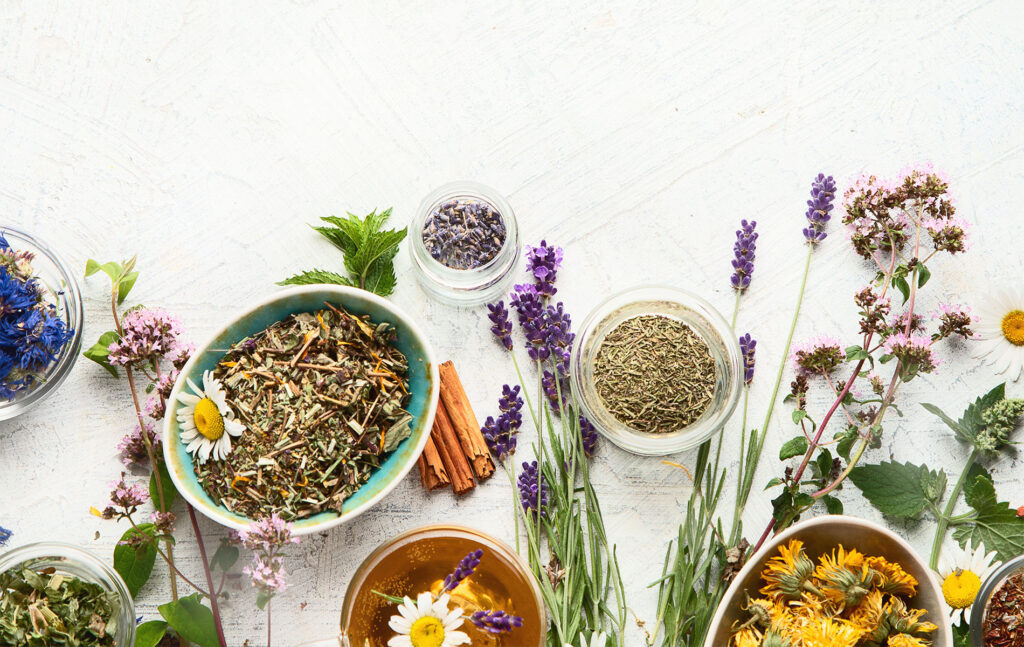 verschiedene tassen mit Blüten und Blättern